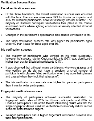 Para.1.2.1.4, Key Findings, Management Summary, UKPS Biometrics Enrolment Trial